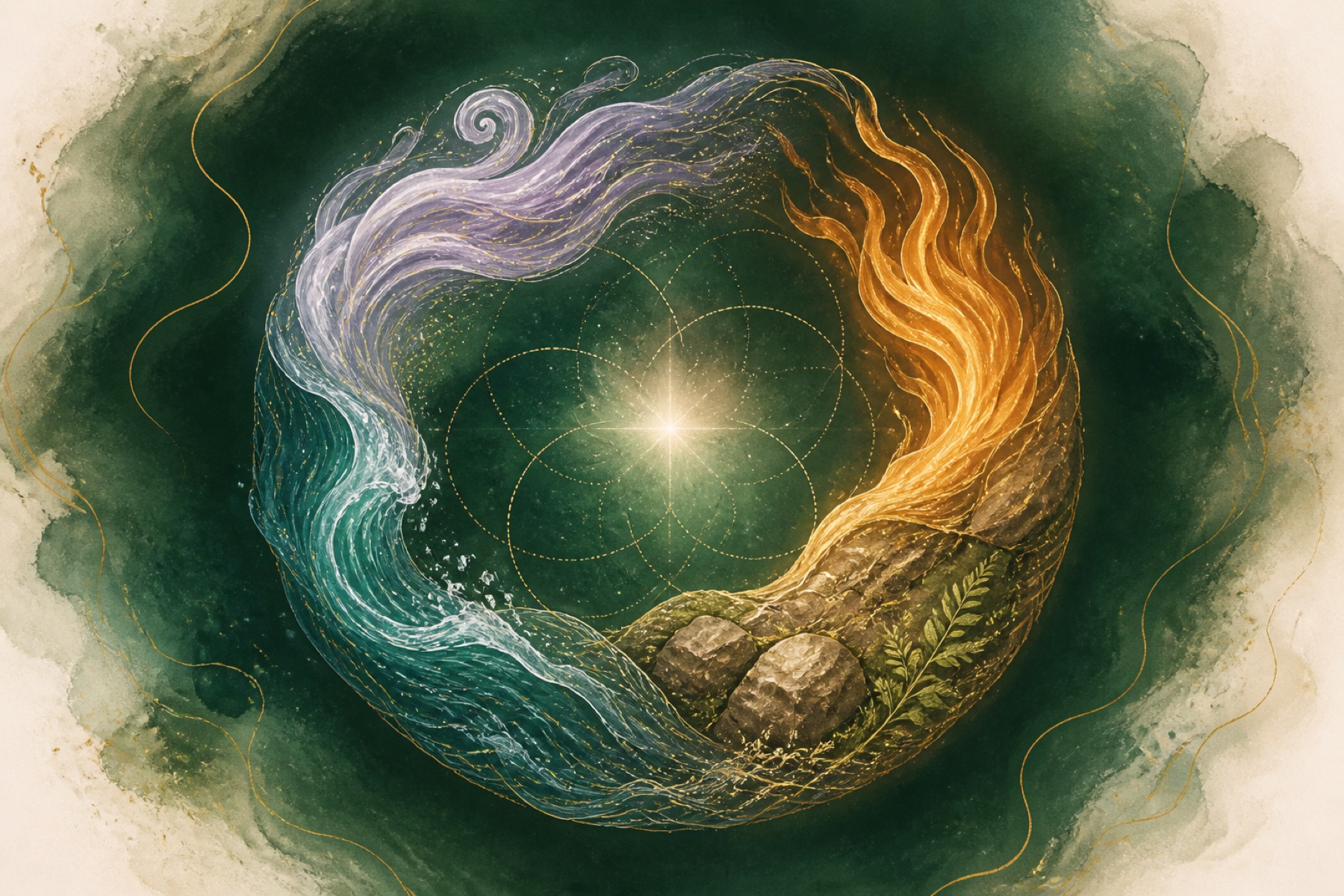 Illustrated mandala representing earth, water, fire, air and space