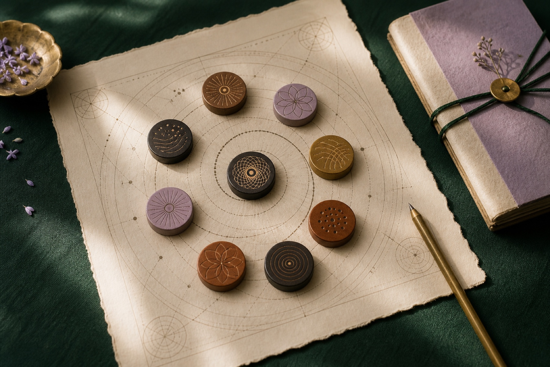 Nine handcrafted study tokens arranged on a numerology chart